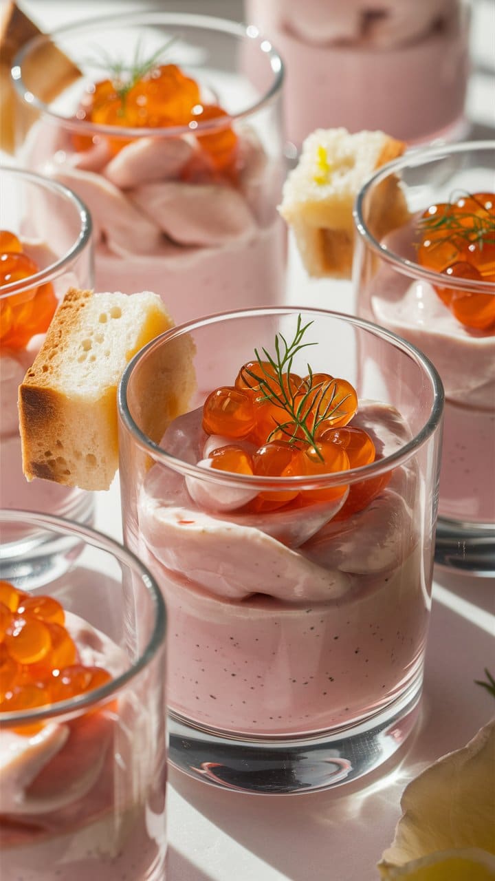 Verrines de mousse rose avec œufs de poisson