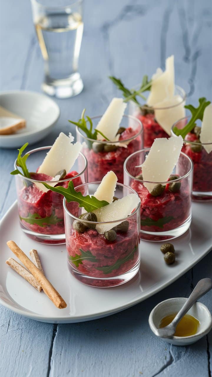 Tartares de boeuf en verrines avec parmesan.