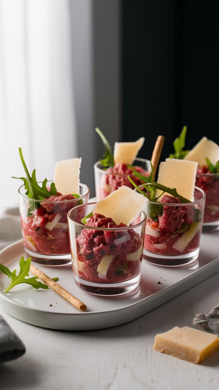 Tartare de boeuf en verrines avec parmesan.