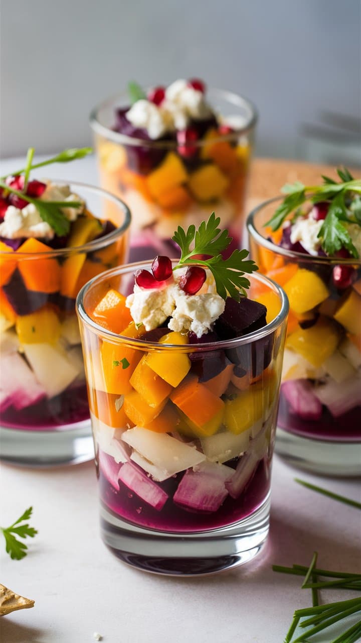 Salade colorée en verrines avec fromage frais.