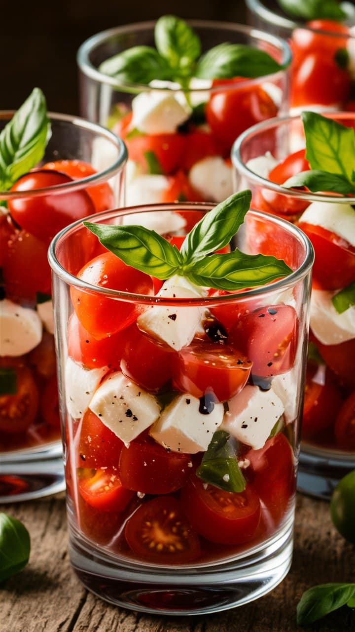 Salade caprese en verrines avec tomates et mozzarella.