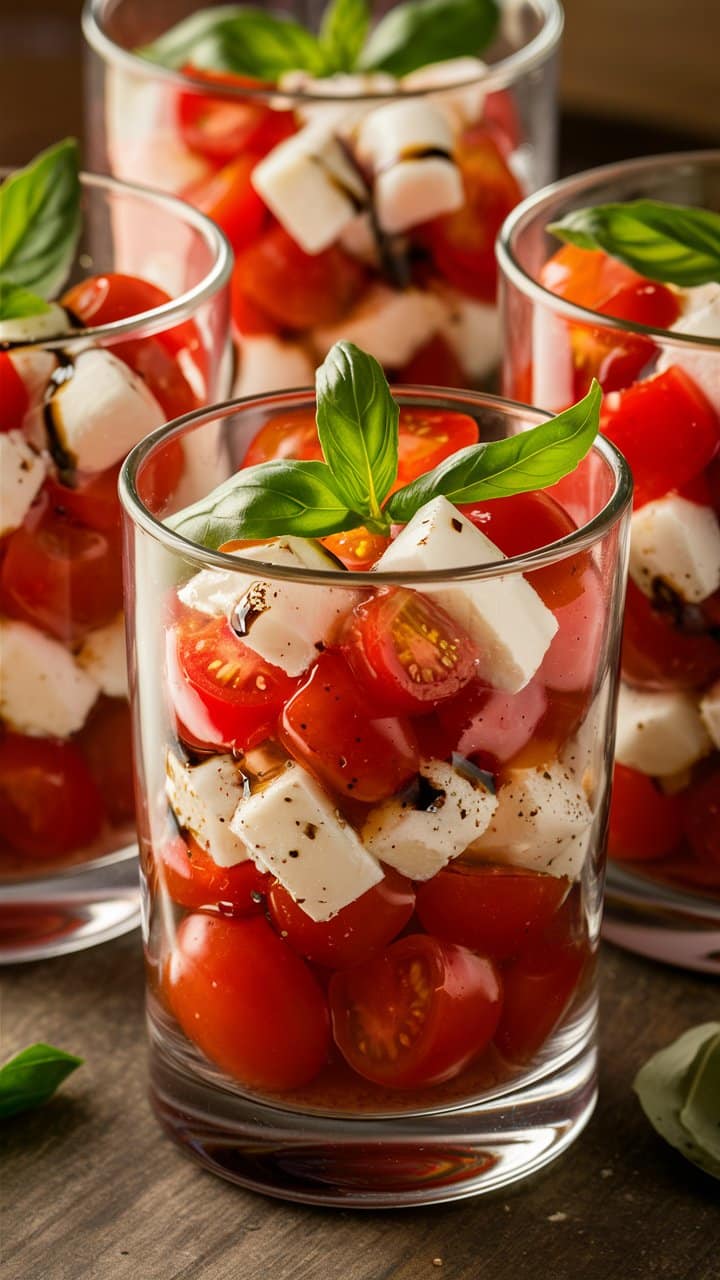 Salade caprese en verrine avec basilic frais.