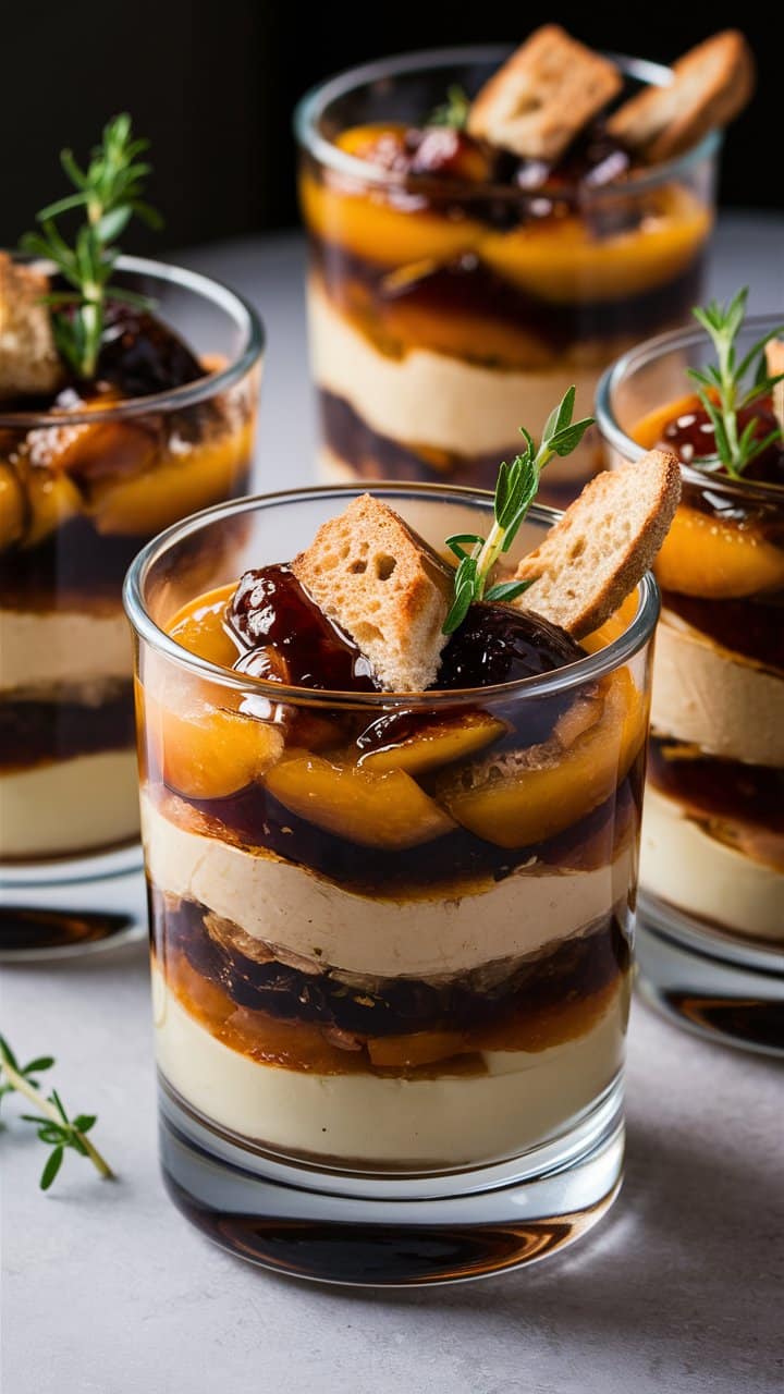 Coupes dessert foie et fruits garnies de croûtons.