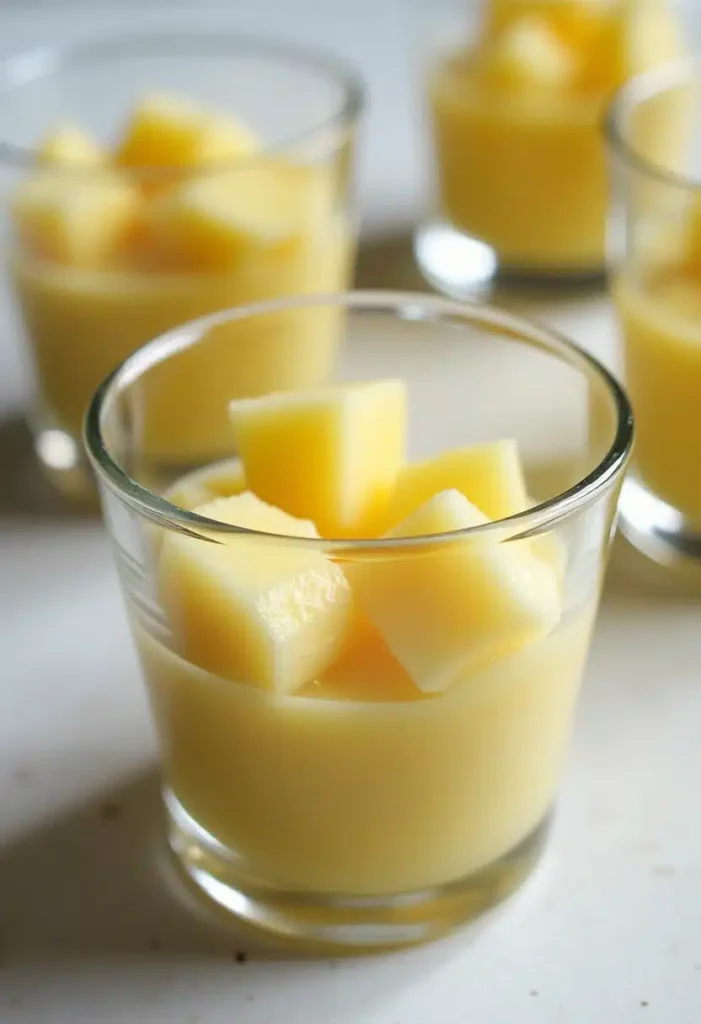Verrine de dessert à la mangue, cubes visibles.