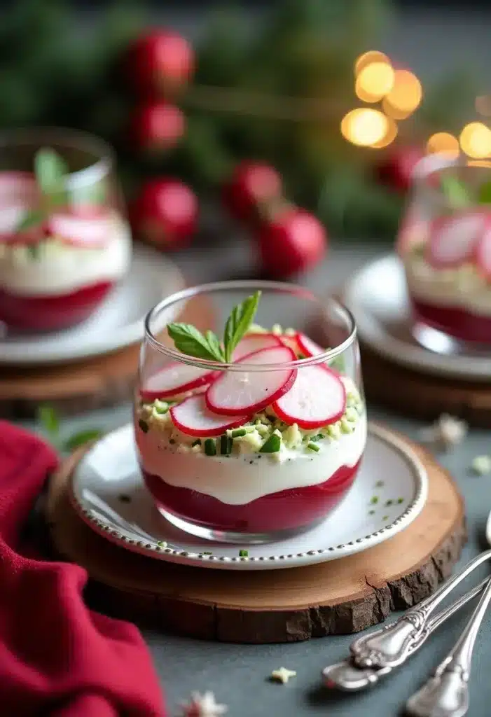 Verrines apéritives décorées de radis et légumes verts.