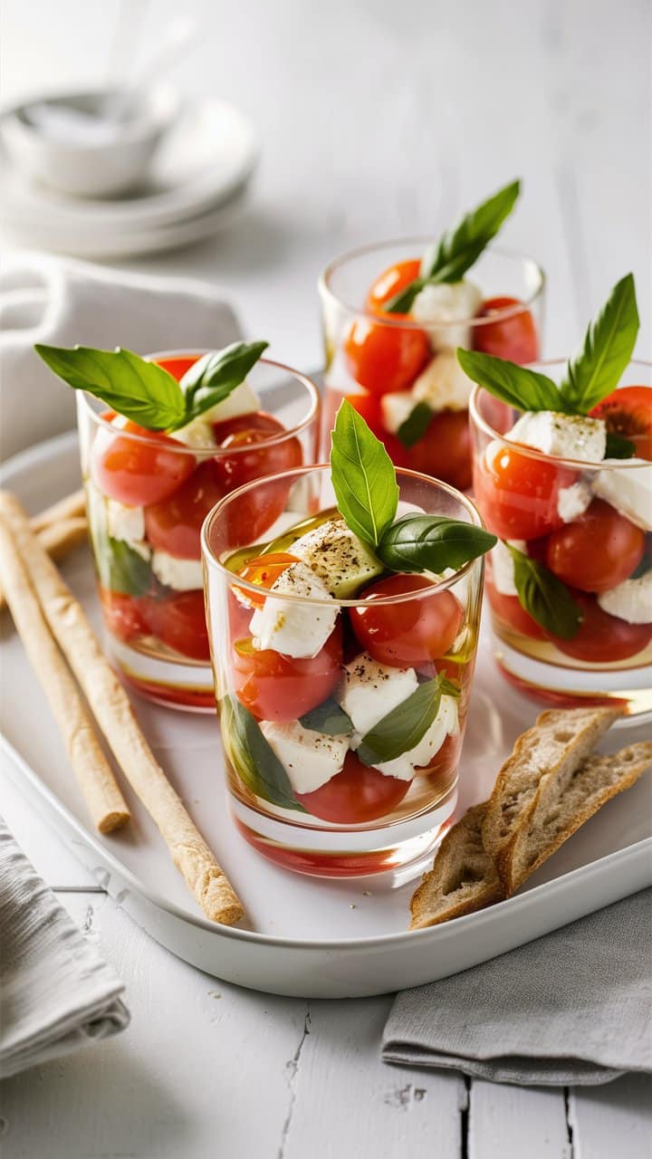 Verrines mozzarella, tomates cerises et basilic sur plateau.