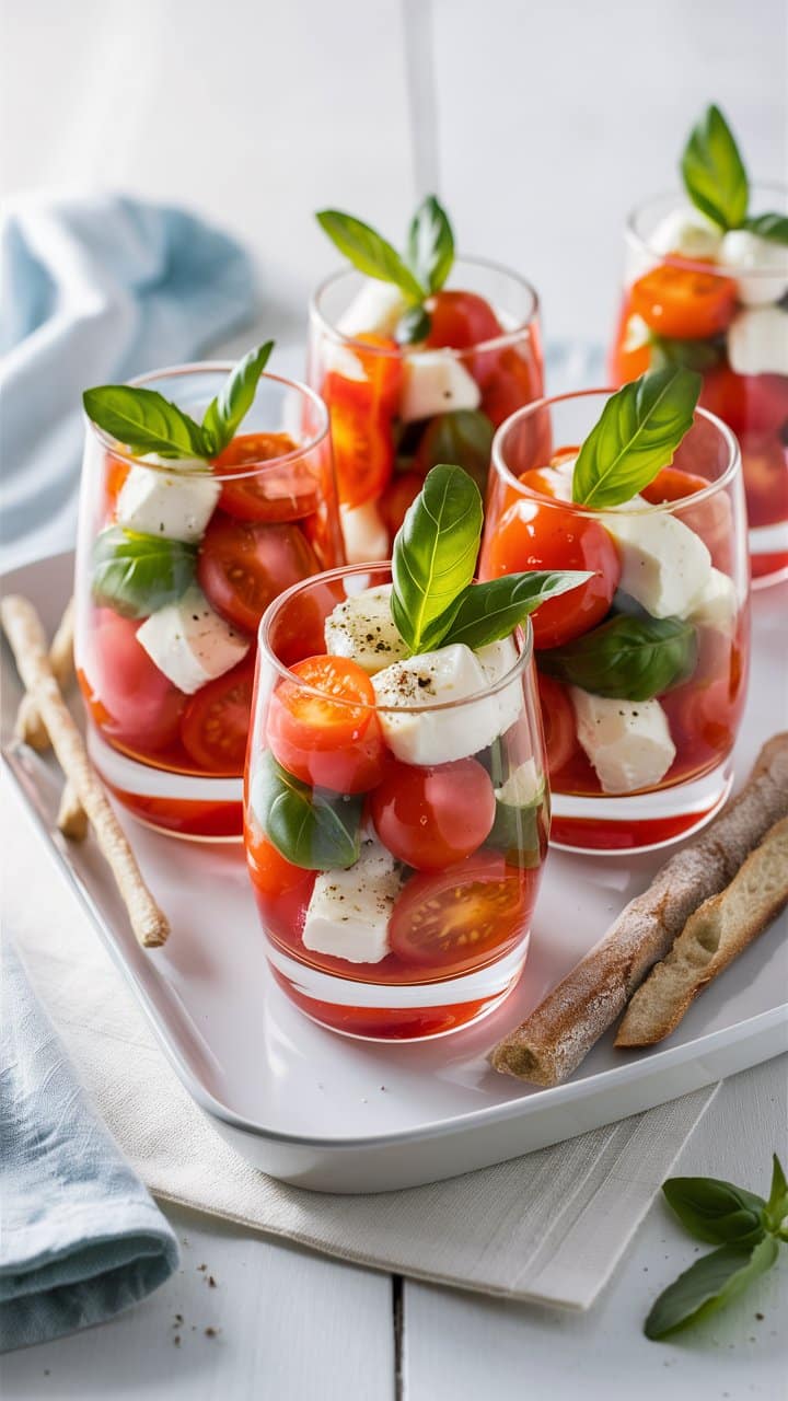 Salade caprese en verrines avec mozzarella et basilic.
