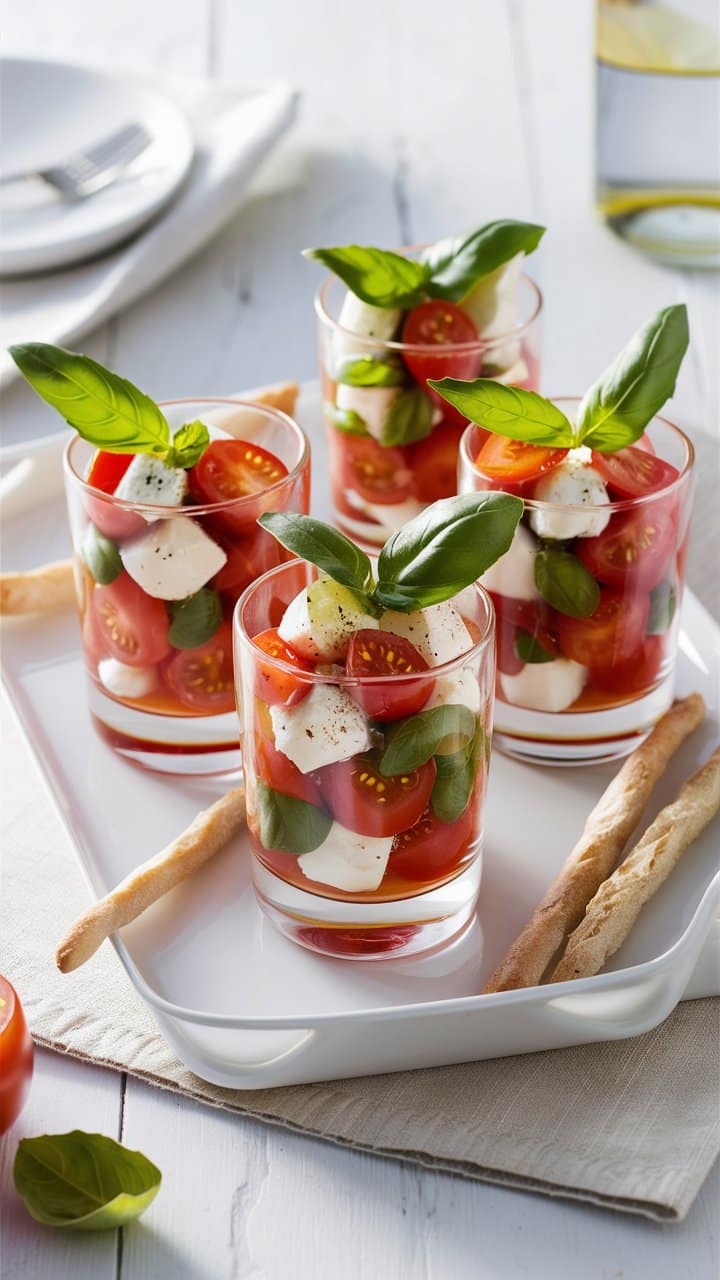 Verrines salade caprese avec mozzarella, tomates, basilic.
