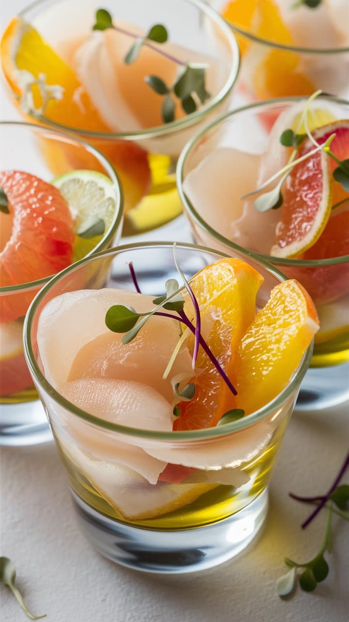 Verrines de fruits aux agrumes et herbes fines.