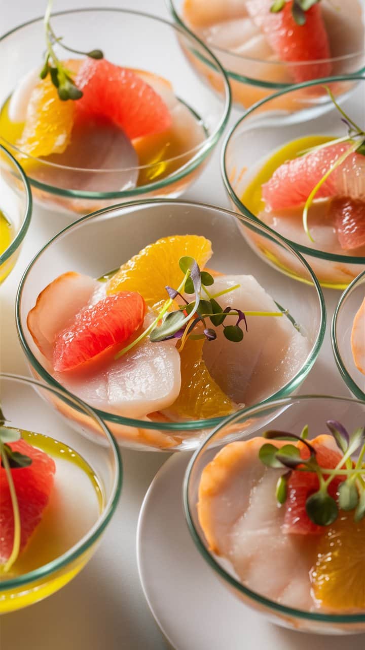 Verrines de carpaccio avec agrumes et micro-pousses.