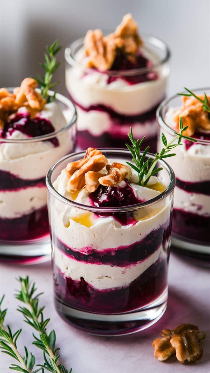 Dessert en verrine avec noix et coulis de fruits.