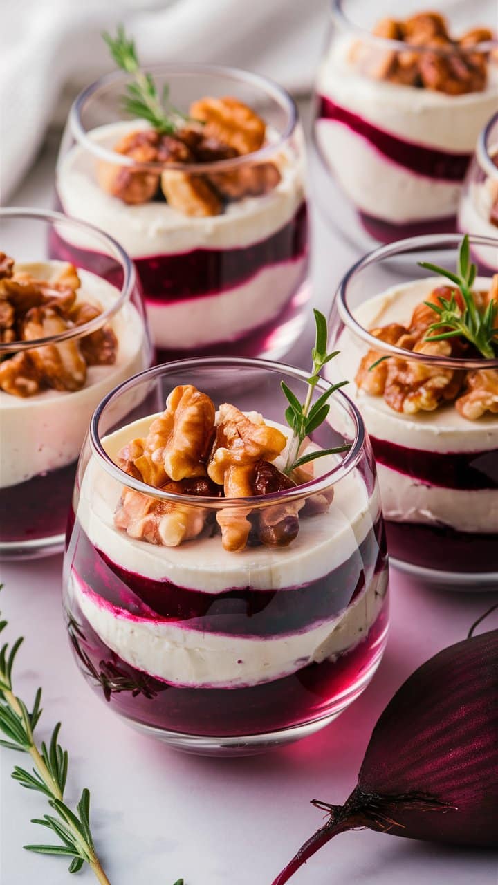 Verrines fromage, betterave, noix et herbes fraîches.