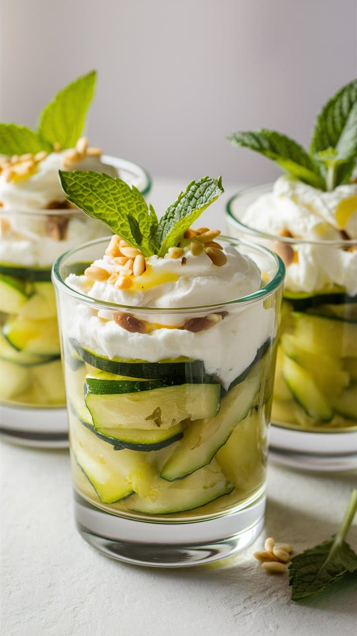 Verrines courgette crème, menthe et pignons de pin.