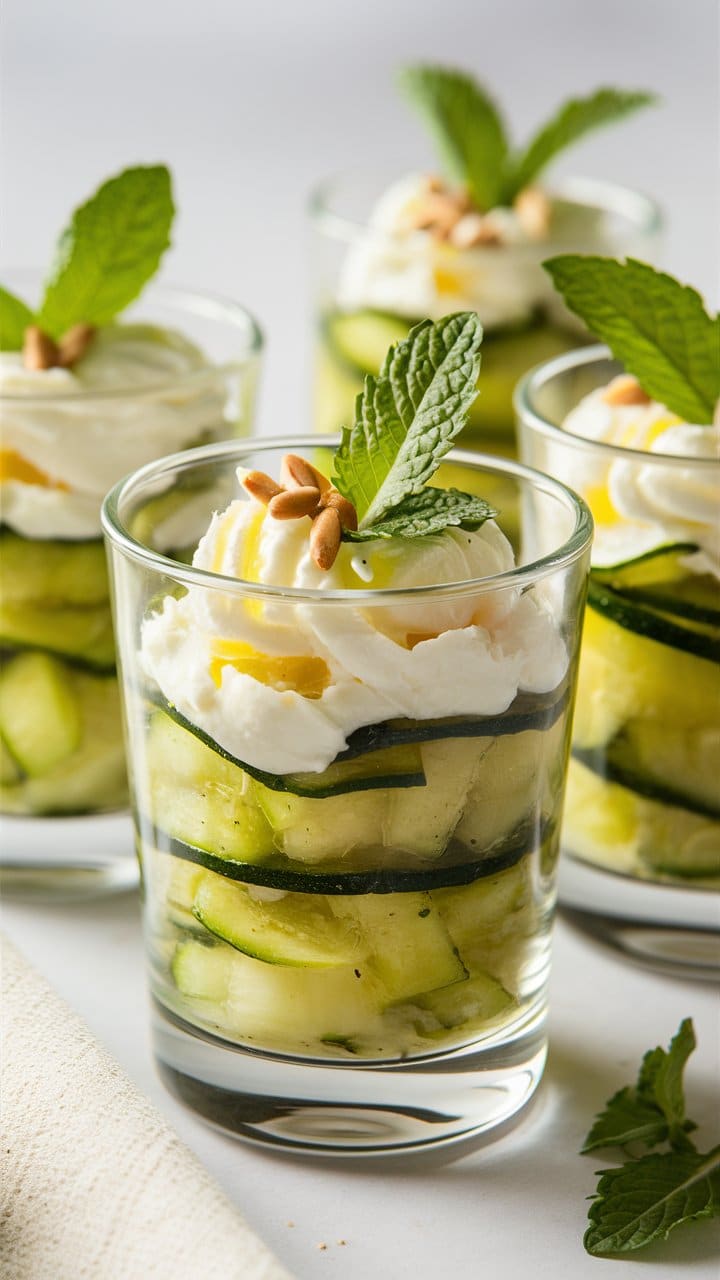 Verres de salade verte décorés de menthe fraîche.