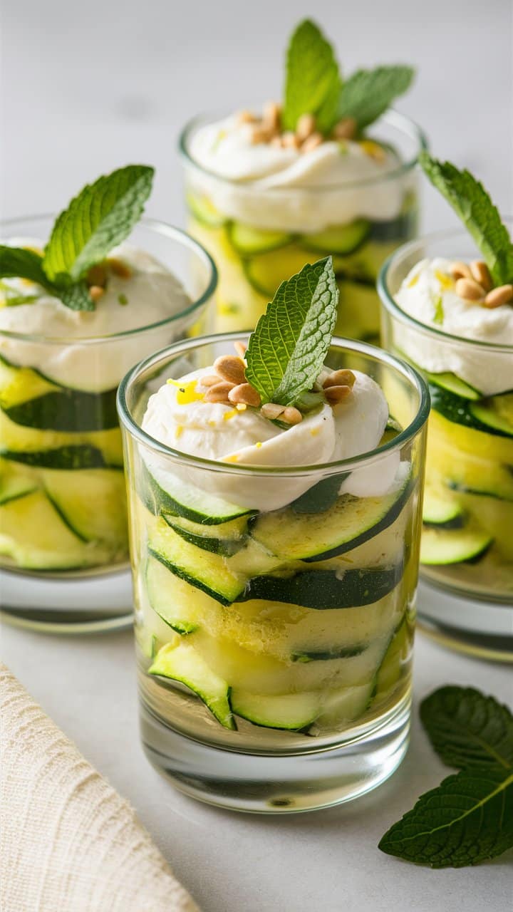 Verrines de courgettes, chantilly et menthe fraîchement garnies.