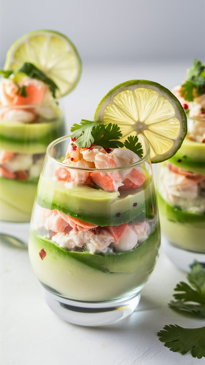 Verrine avocat saumon avec décoration de citron vert.
