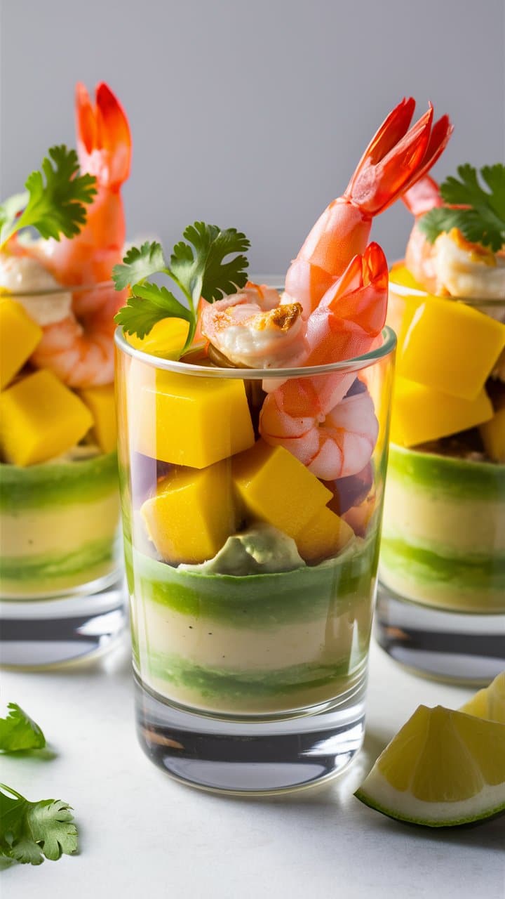 Verrines avocat, crevettes, mangue, coriandre fraîche.