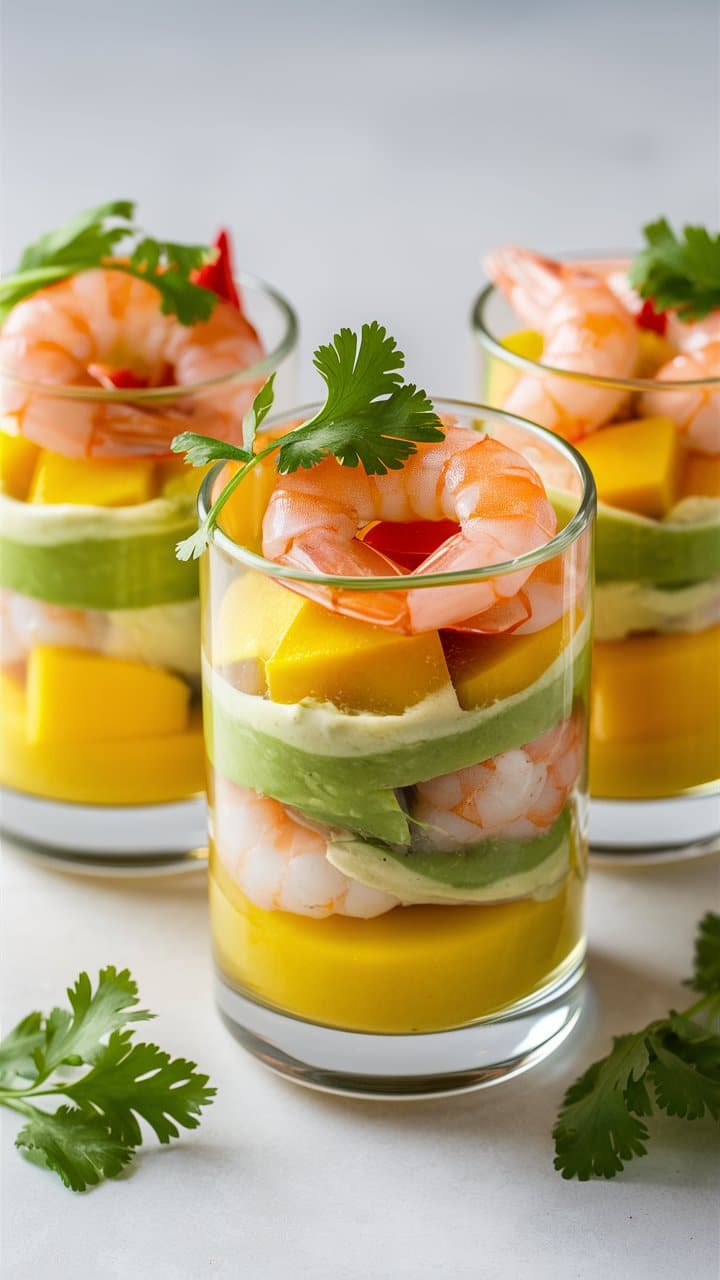 Verrines crevettes, mangue, avocat, coriandre fraîche.