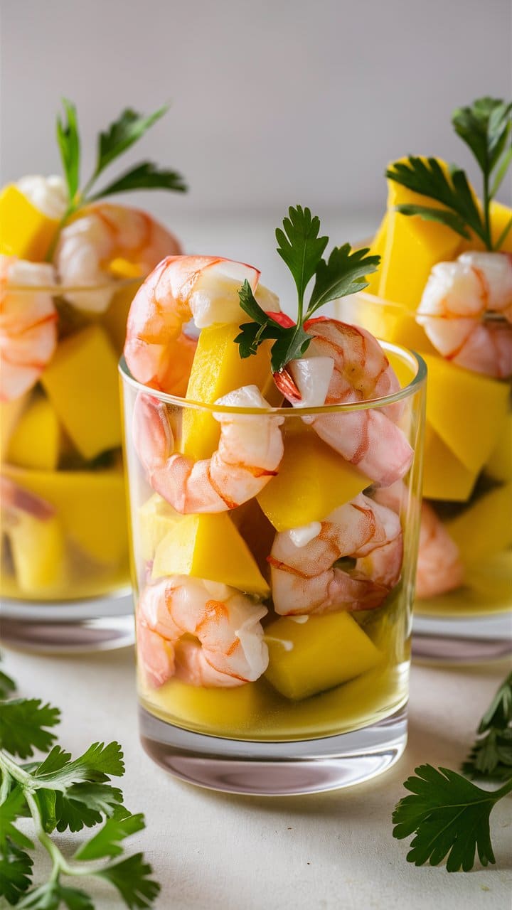 Cocktail de crevettes et morceaux de mangue.