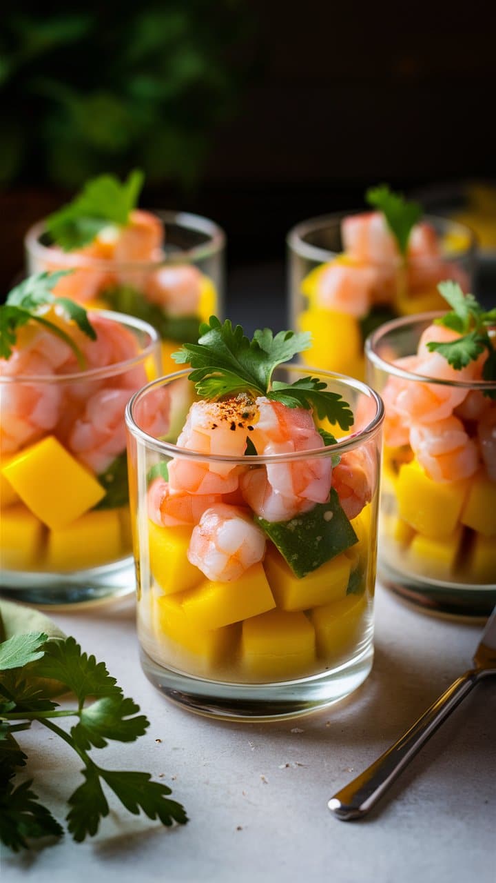 Verrines crevettes, mangue, avocat, coriandre fraîche.