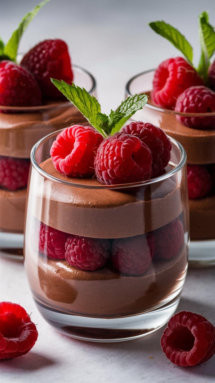 Mousse chocolat et framboises dans un verre.