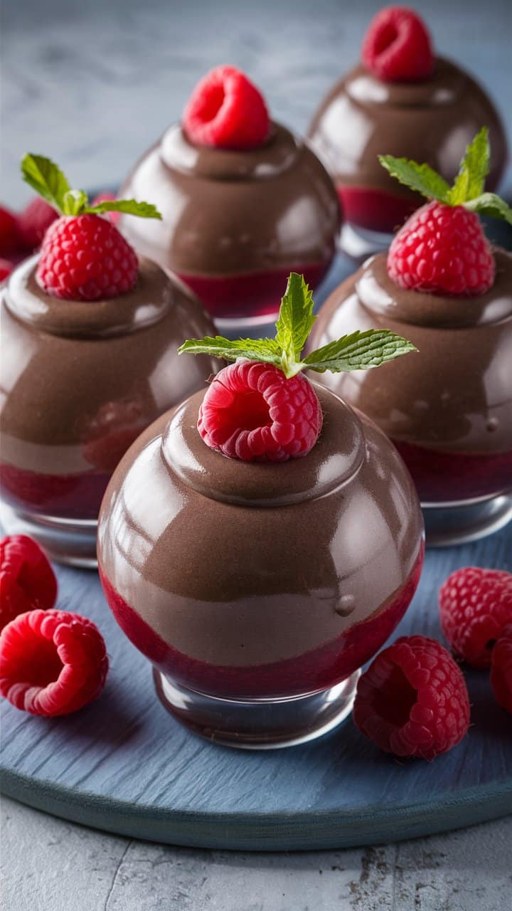 Mousse au chocolat décorée de framboises fraîches.