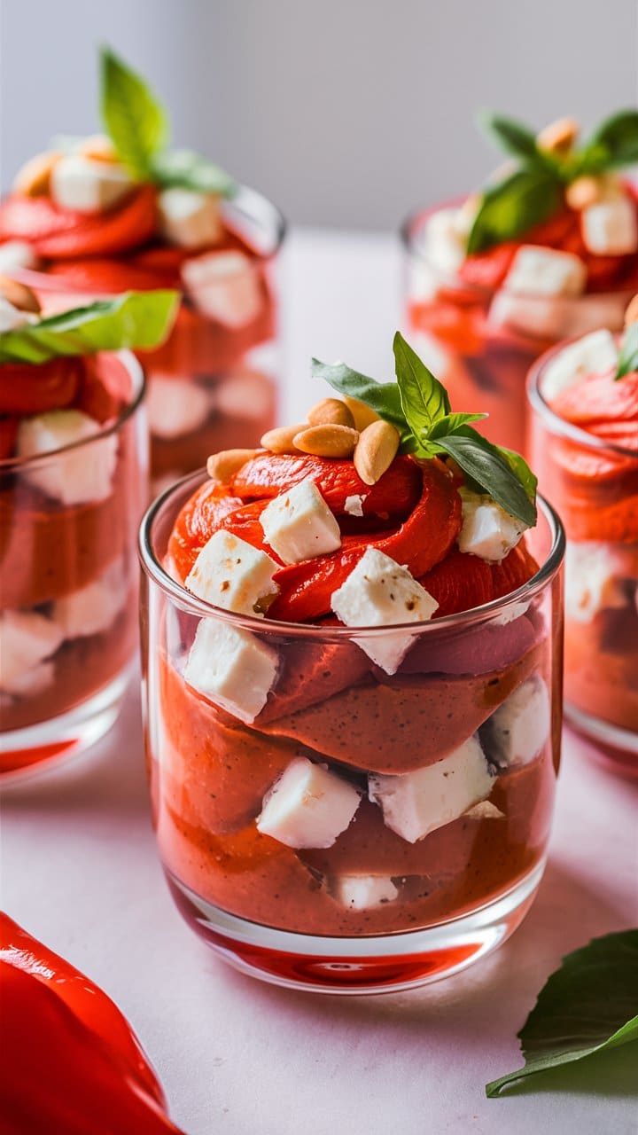 Verrines apéritives fromage et poivron rouge.