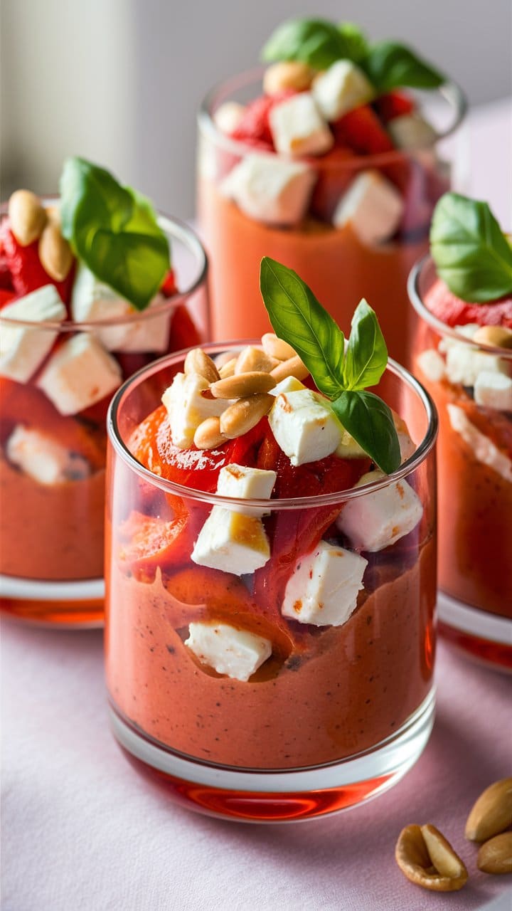 Verrines de feta, tomate et basilic frais.