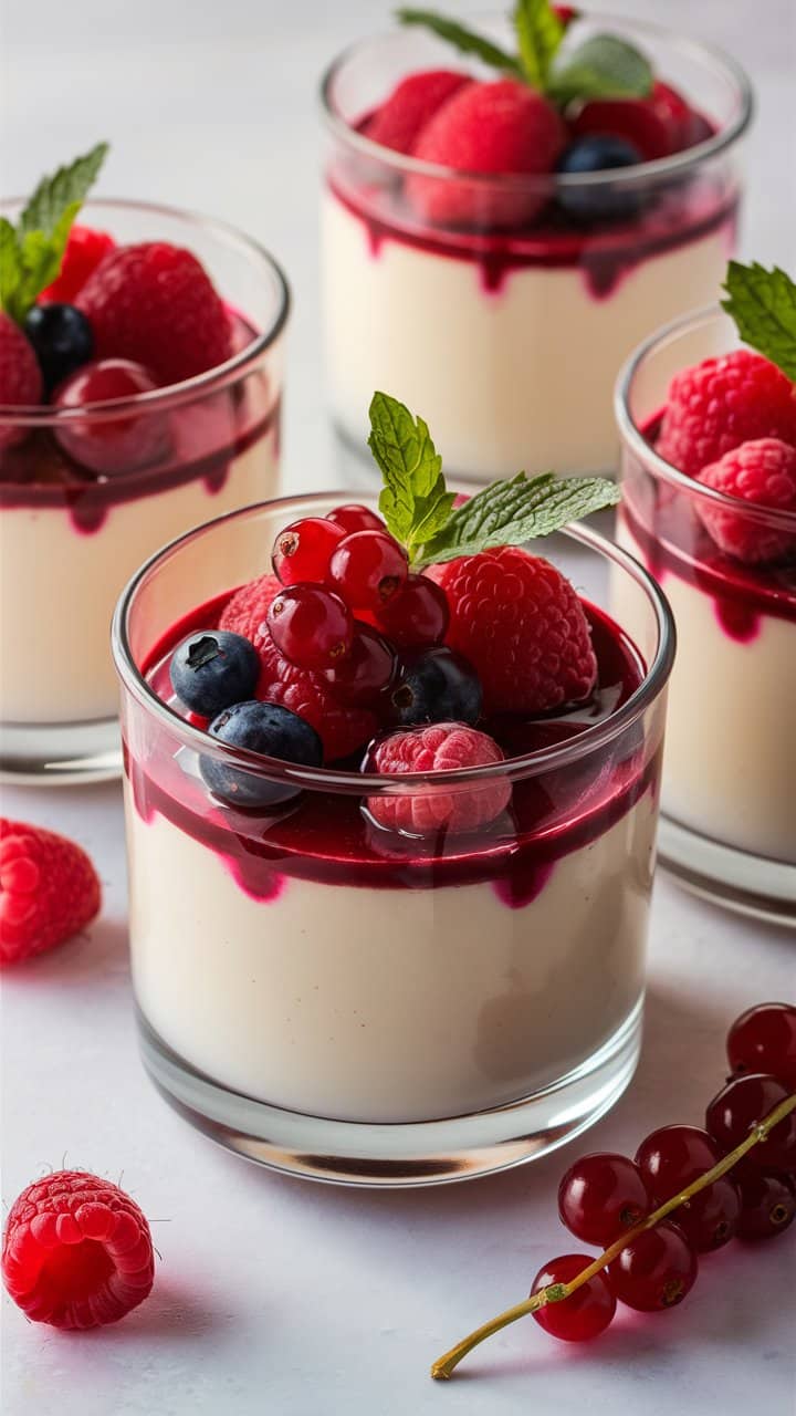 Panna cotta fruits rouges et menthe en verrines.