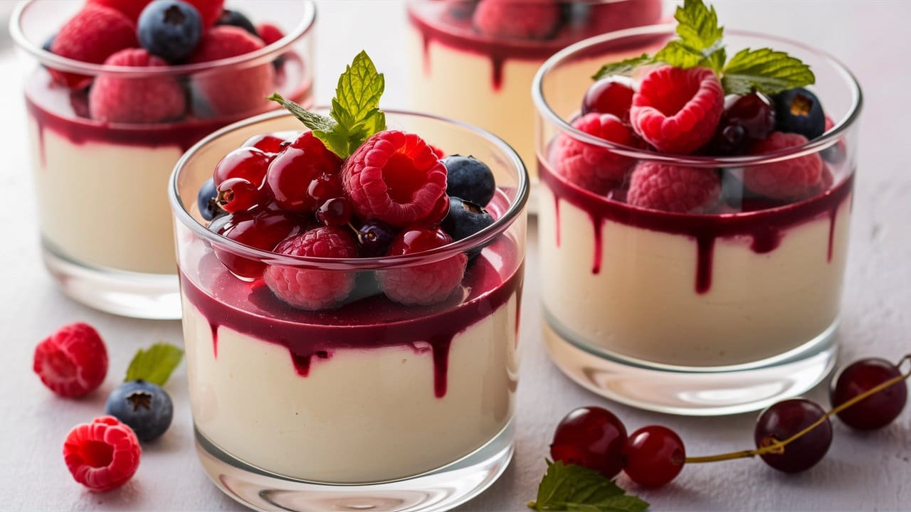 Dessert verres fruits rouges frais et coulis.