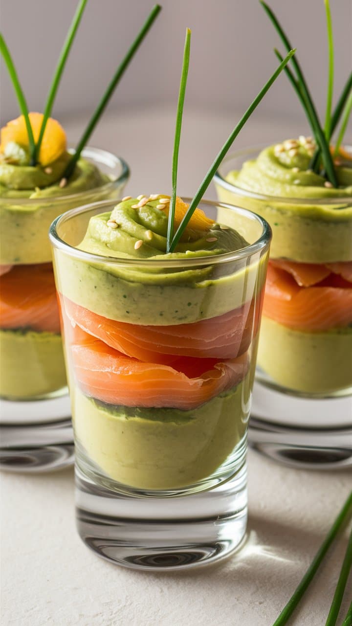 Verrine avocat saumon, garnie de ciboulette.