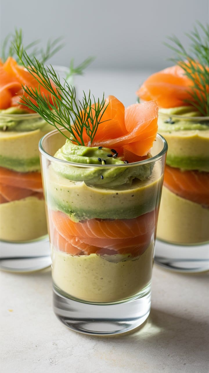 Verrines saumon avocat crème décorée d'aneth