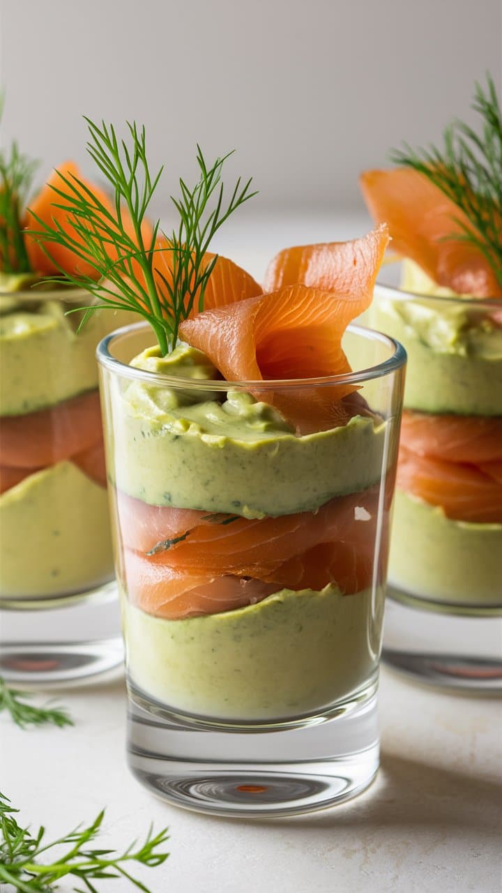 Verrine saumon et mousse verte, garnie d'aneth.