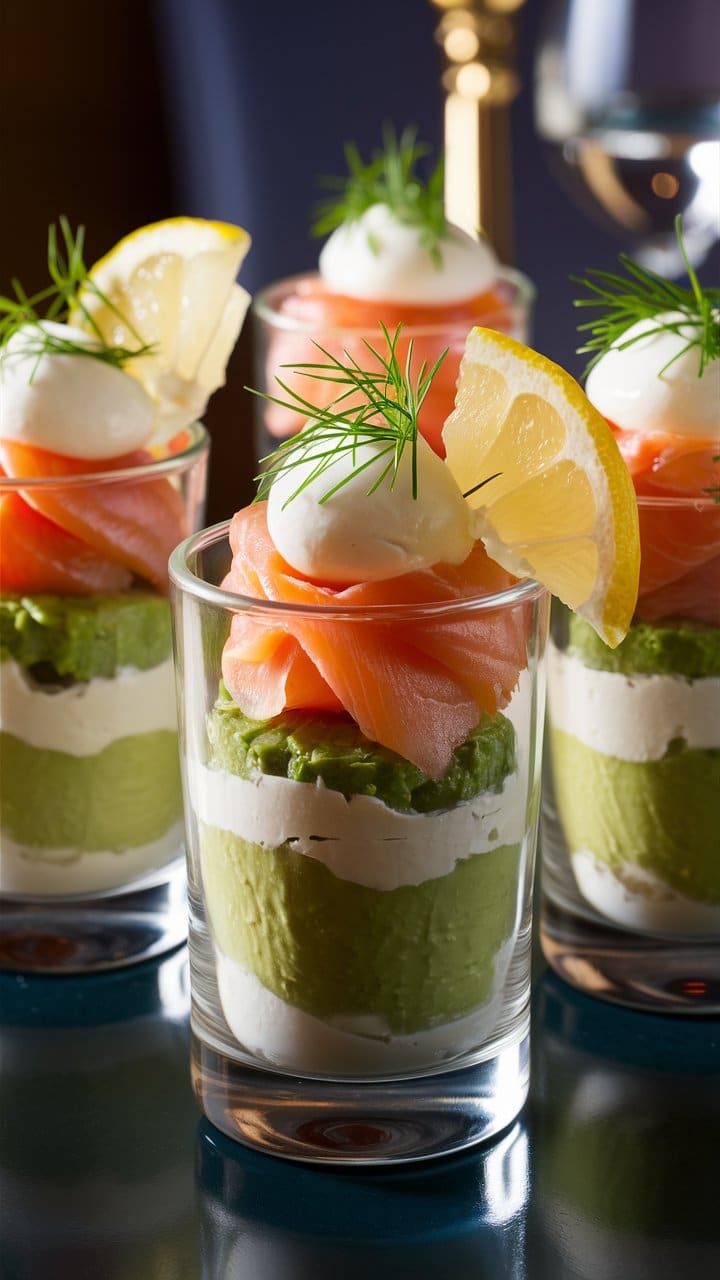 Verrines saumon avocat citron et crème fraîche.