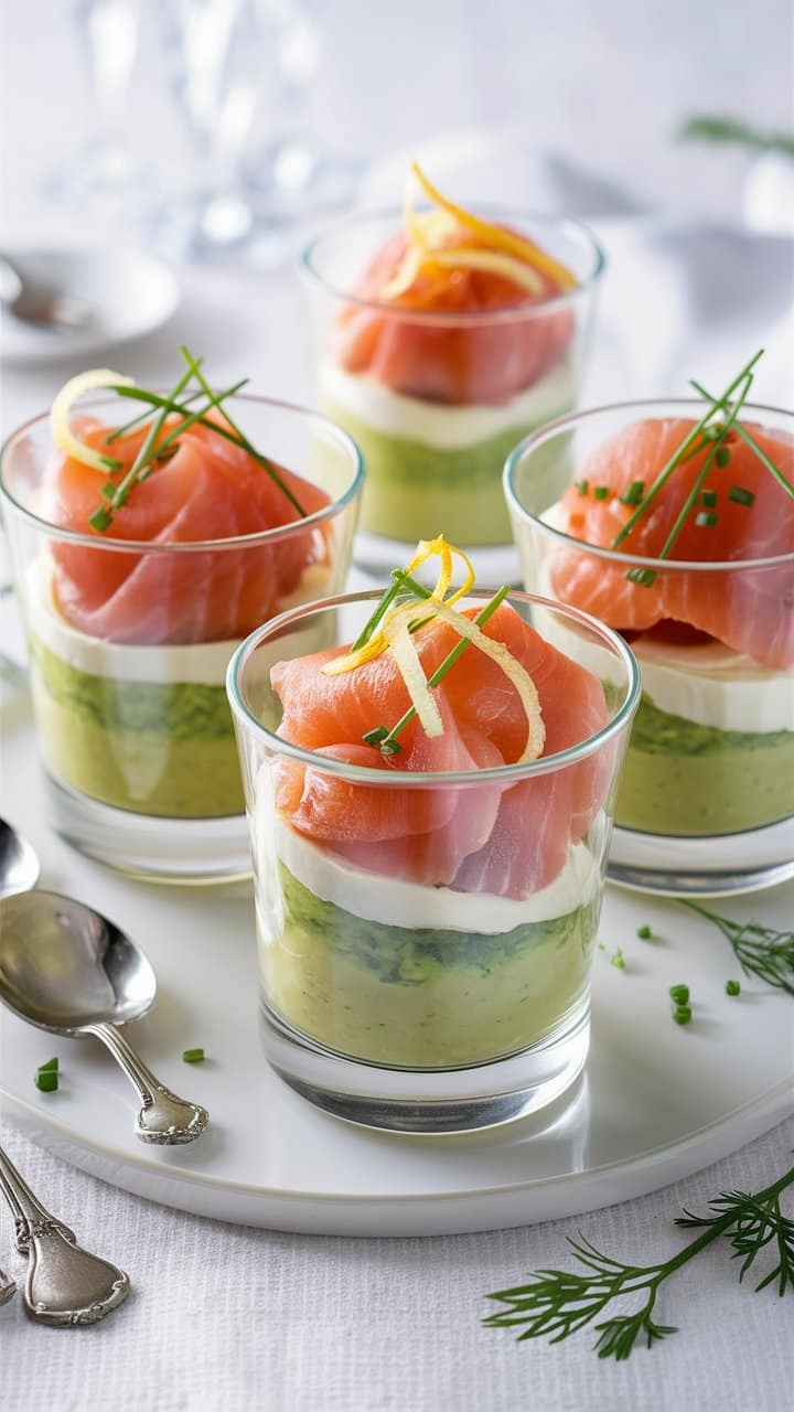 Verrines saumon avocat et crème, décor fines herbes.