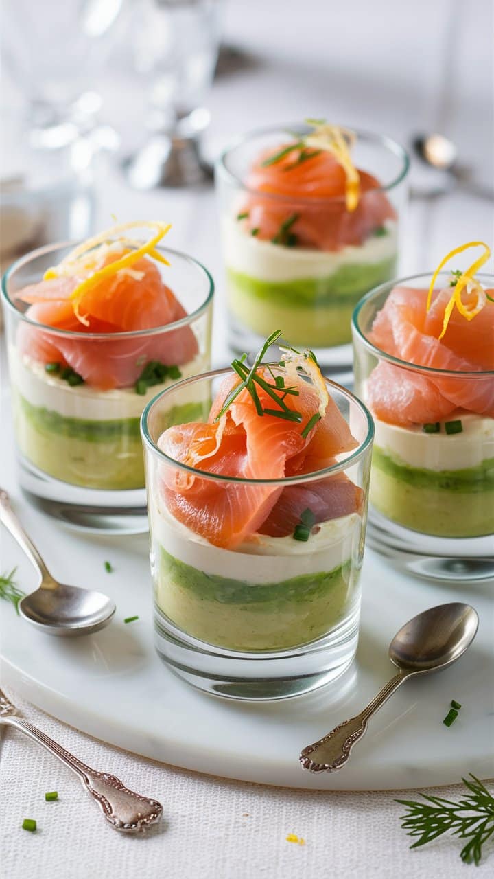 Verrines saumon, avocat, crème fraîche et aneth.