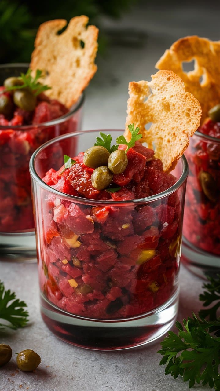 Tartare de bœuf en verrine, câpres et croûtons.