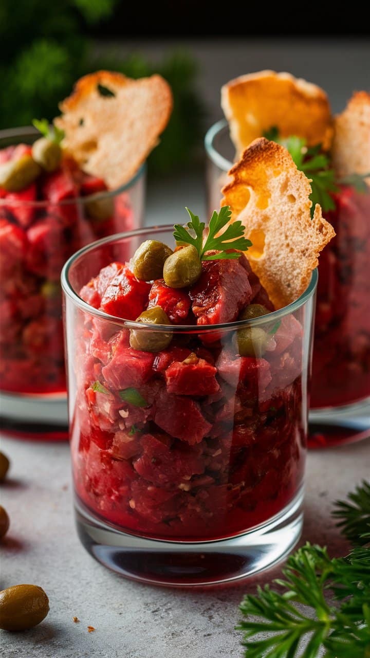 Verrines de tartare de bœuf avec câpres et pain.