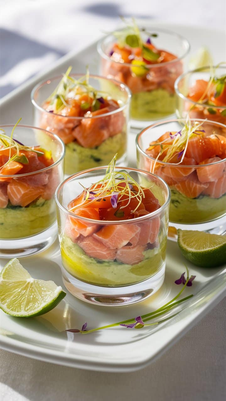 Verrines saumon-avocat avec citron vert, décor aromatique.