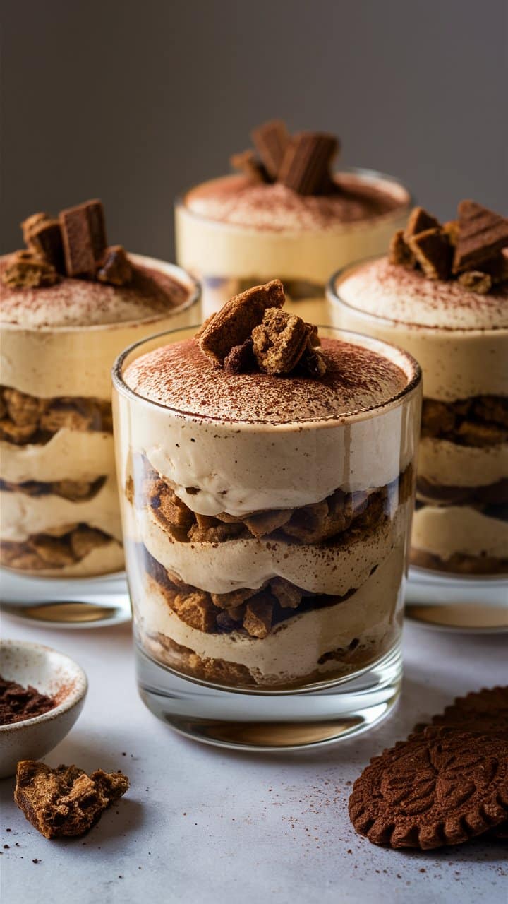 Tiramisu en verrines avec biscuits chocolatés.