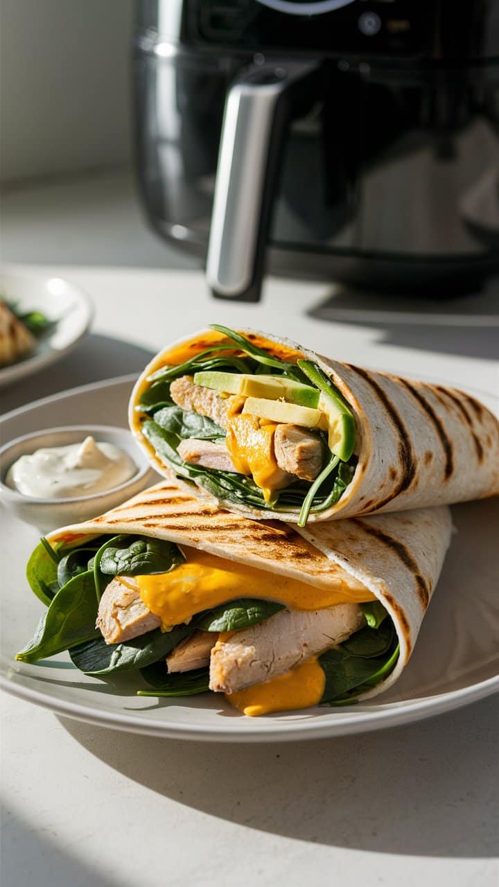 Wrap au poulet, avocat et épinards avec sauce.