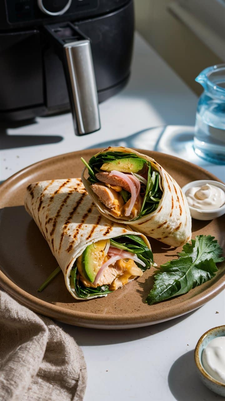 Wrap poulet avocat épinards sur assiette marron