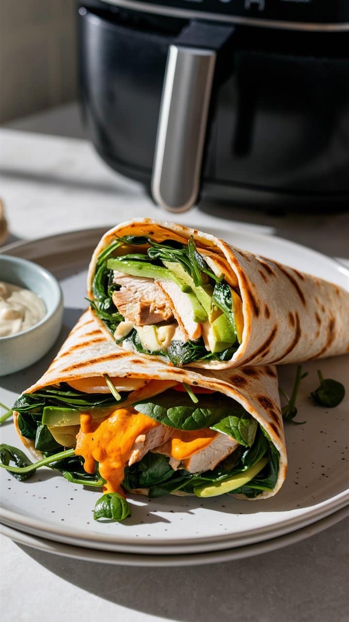Wrap au poulet, légumes et sauce en assiette.