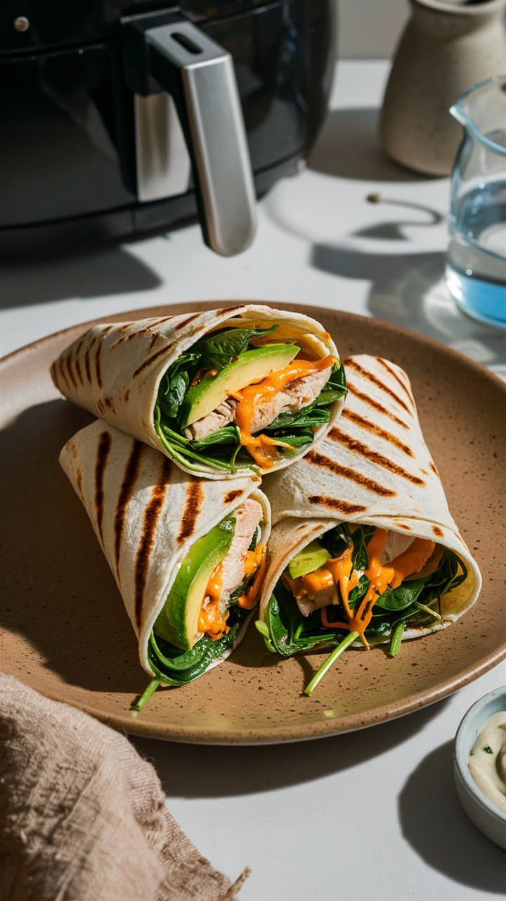 Wraps poulet avocat avec sauce épicée, photo culinaire.