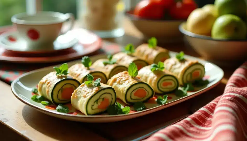 Rouleaux de légumes et saumon sur assiette blanche.