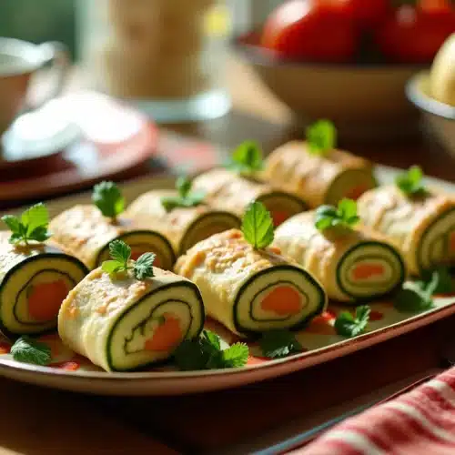 Rouleaux de légumes et saumon sur assiette blanche.