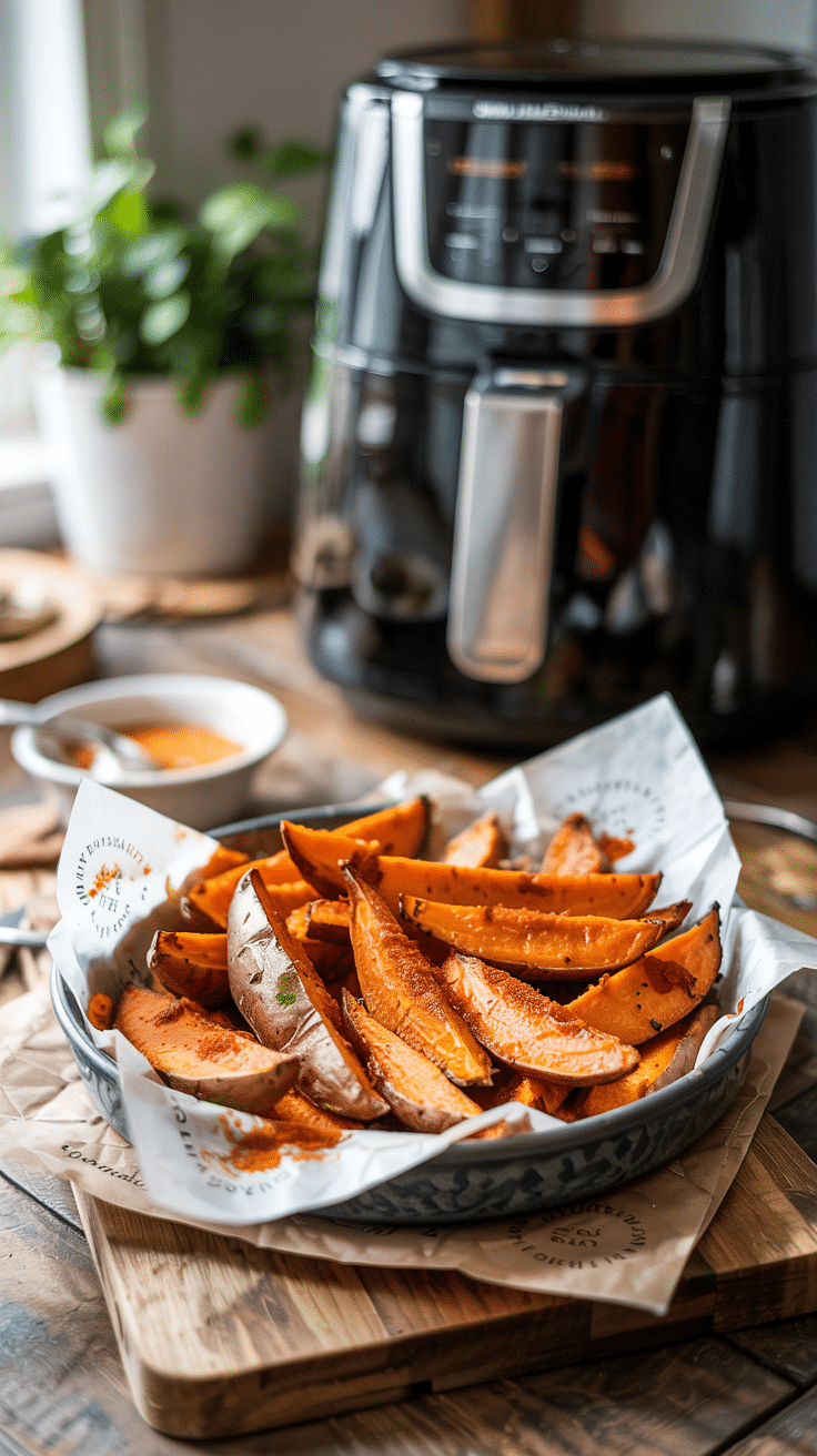 Frites de patates douces avec une friteuse.