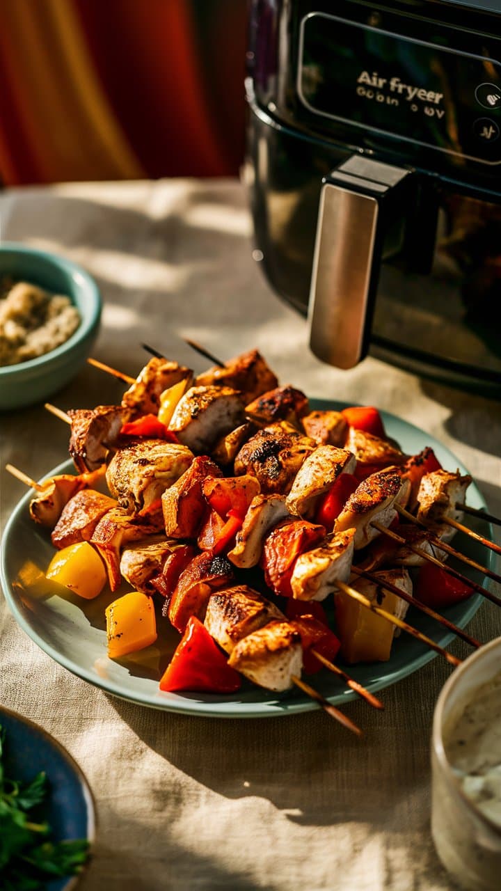 Brochettes de poulet grillées avec poivrons colorés.