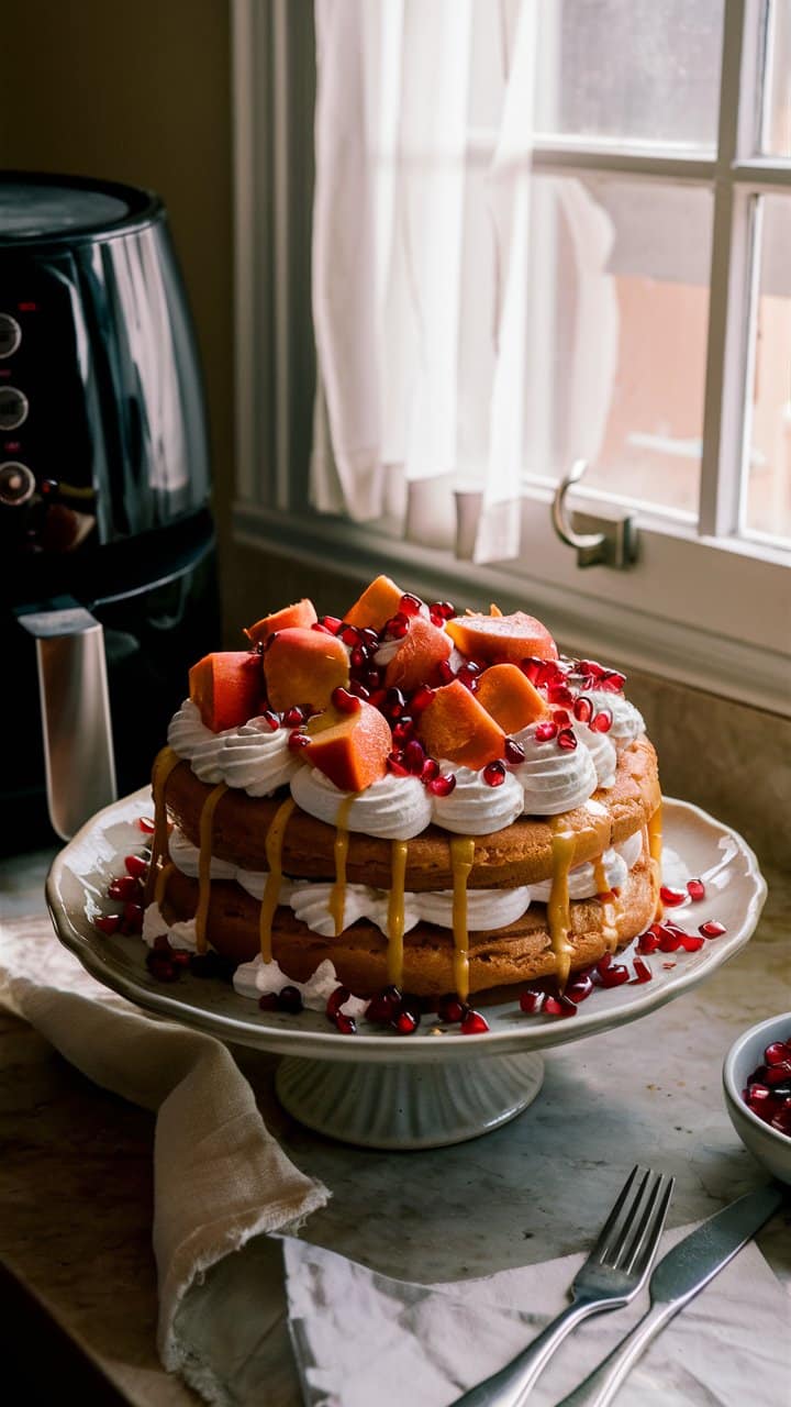 Gâteau au fruits sous lumière naturelle.