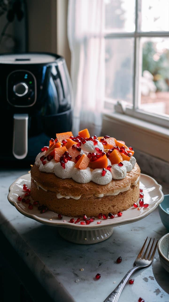 Gâteau décoré de fruits et chantilly sur assiette.